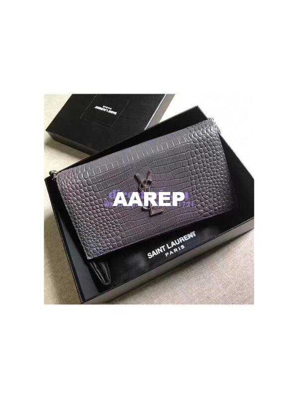 Replica YSL Monogram Saint Laurent Chain Wallet In Grey Crocodile Embossed Shiny Leather 442015 5