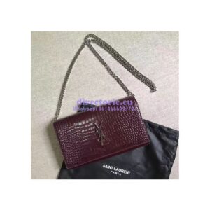 Replica YSL Monogram Saint Laurent Chain Wallet In Wine Red Crocodile Embossed Shiny Leather 442015