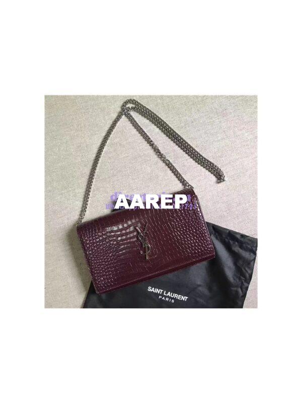 Replica YSL Monogram Saint Laurent Chain Wallet In Wine Red Crocodile Embossed Shiny Leather 442015 3
