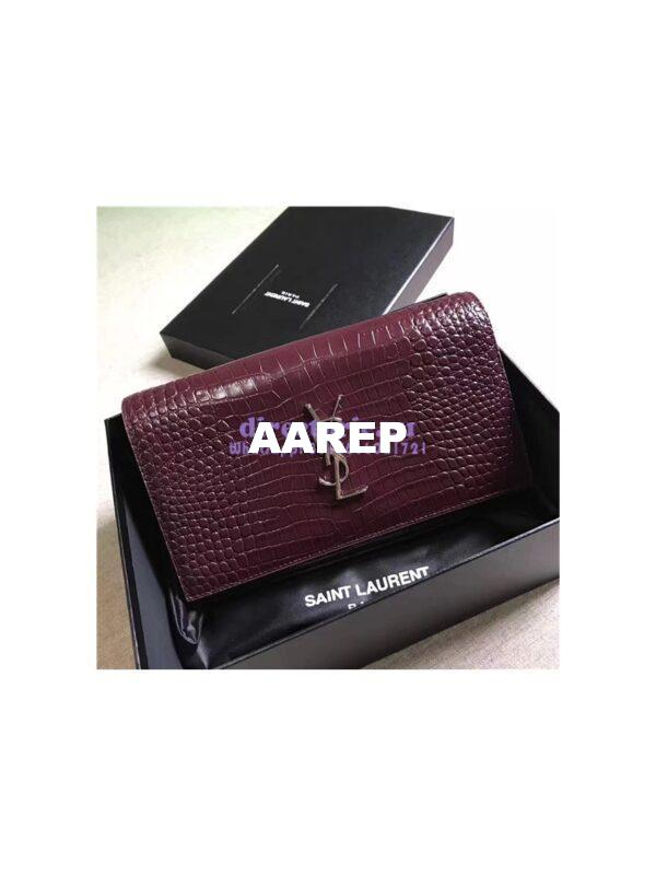Replica YSL Monogram Saint Laurent Chain Wallet In Wine Red Crocodile Embossed Shiny Leather 442015 4