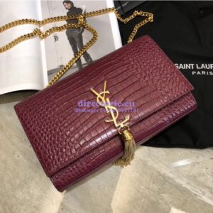 Replica YSL Classic Medium Kate Monogram Saint Laurent Tassel Satchel In Dark Red Crocodile Embossed Shiny Leather 354119 in gold hardware