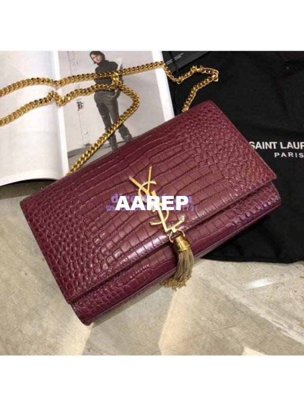 Replica YSL Classic Medium Kate Monogram Saint Laurent Tassel Satchel In Dark Red Crocodile Embossed Shiny Leather 354119 in gold hardware 3