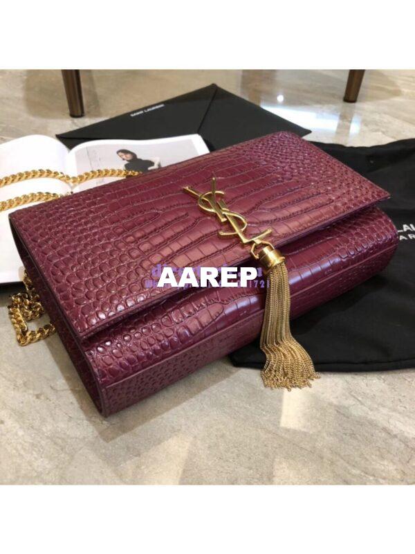 Replica YSL Classic Medium Kate Monogram Saint Laurent Tassel Satchel In Dark Red Crocodile Embossed Shiny Leather 354119 in gold hardware 5