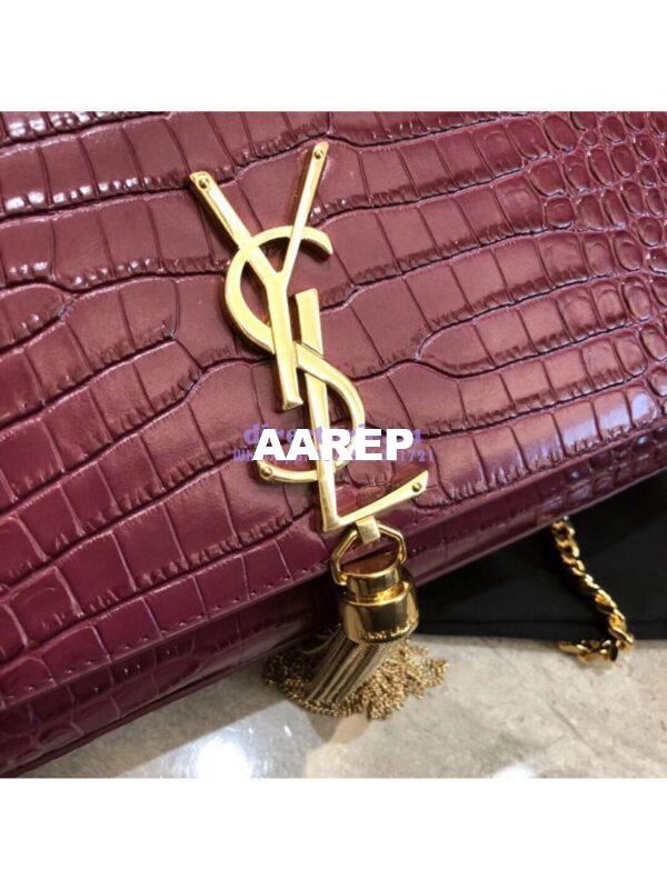 Replica YSL Classic Medium Kate Monogram Saint Laurent Tassel Satchel In Dark Red Crocodile Embossed Shiny Leather 354119 in gold hardware 6