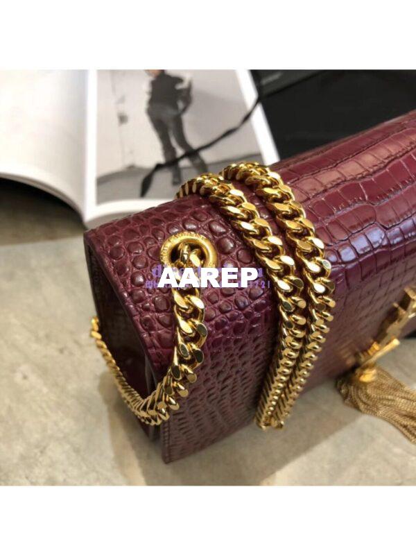 Replica YSL Classic Medium Kate Monogram Saint Laurent Tassel Satchel In Dark Red Crocodile Embossed Shiny Leather 354119 in gold hardware 7