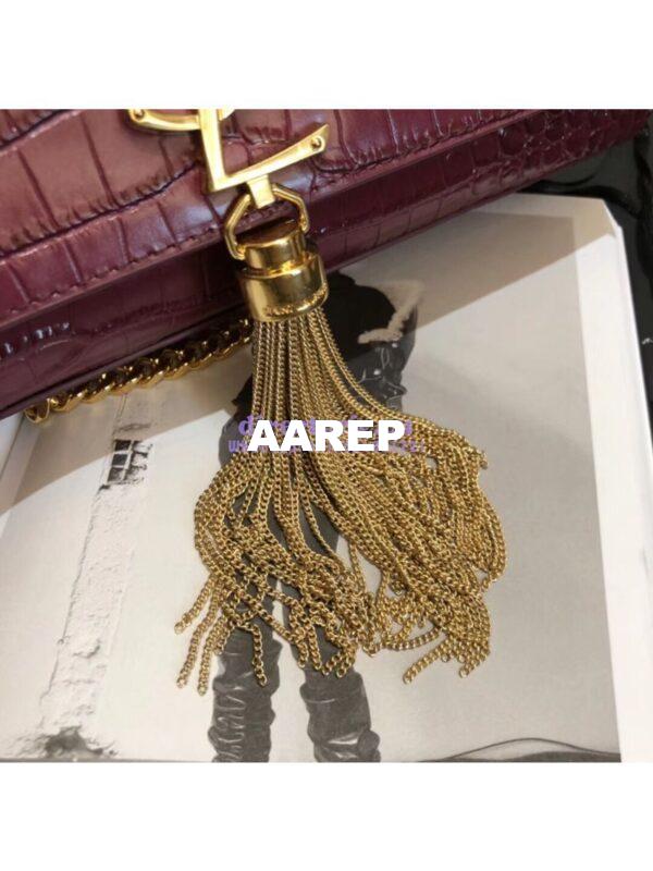 Replica YSL Classic Medium Kate Monogram Saint Laurent Tassel Satchel In Dark Red Crocodile Embossed Shiny Leather 354119 in gold hardware 8