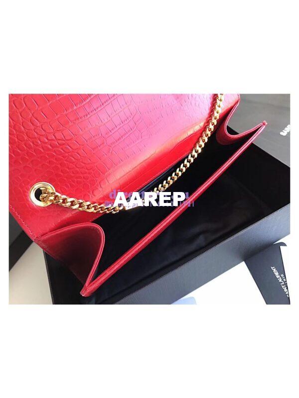 Replica YSL Classic Medium Kate Monogram Saint Laurent Tassel Satchel In Red Crocodile Embossed Shiny Leather 354119 in gold hardware 3