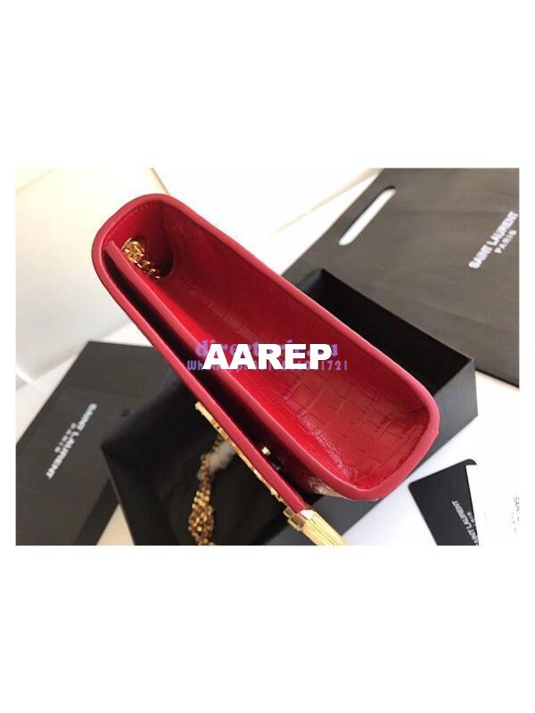 Replica YSL Classic Medium Kate Monogram Saint Laurent Tassel Satchel In Red Crocodile Embossed Shiny Leather 354119 in gold hardware 4