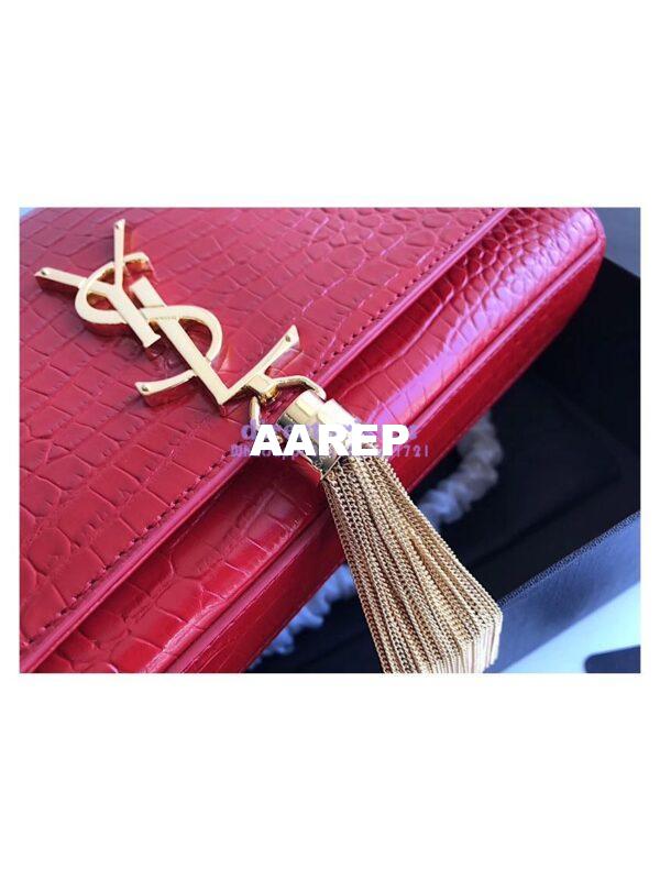 Replica YSL Classic Medium Kate Monogram Saint Laurent Tassel Satchel In Red Crocodile Embossed Shiny Leather 354119 in gold hardware 5