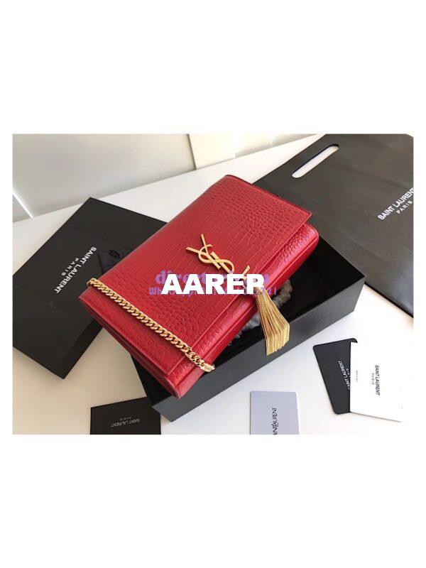 Replica YSL Classic Medium Kate Monogram Saint Laurent Tassel Satchel In Red Crocodile Embossed Shiny Leather 354119 in gold hardware 6