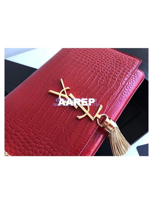 Replica YSL Classic Medium Kate Monogram Saint Laurent Tassel Satchel In Red Crocodile Embossed Shiny Leather 354119 in gold hardware 7