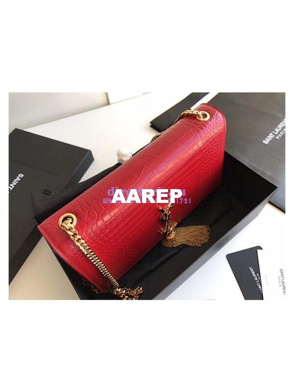 Replica YSL Classic Medium Kate Monogram Saint Laurent Tassel Satchel In Red Crocodile Embossed Shiny Leather 354119 in gold hardware 9