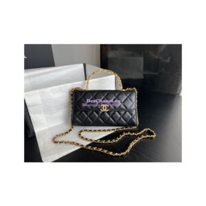 Replica Chanel Flap Phone Holder With Chain in Lambskin with Enamel Handle AP2946 Black