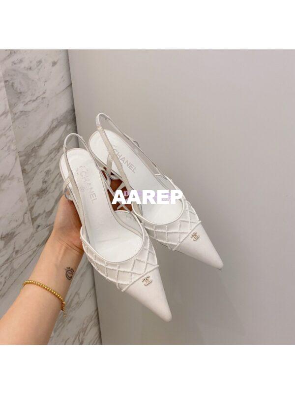 Replica Chanel Pearls & Satin Slingback 65mm G35260 White 5