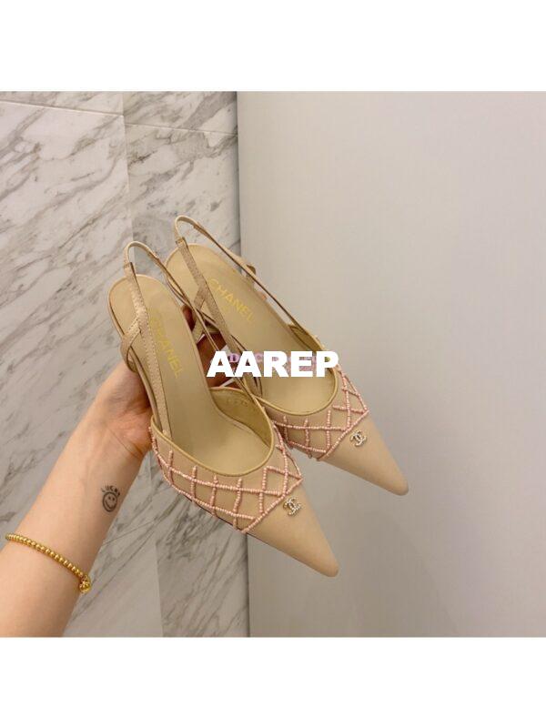 Replica Chanel Pearls & Satin Slingback 65mm G35260 Beige 6