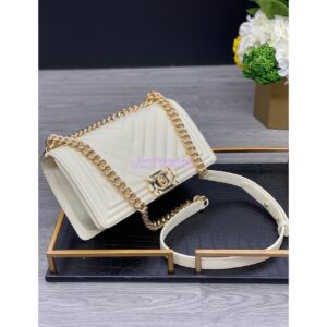 Replica Chanel Medium Boy in Chevron Grained Calfskin with Shining Hardware 67086 Chalk