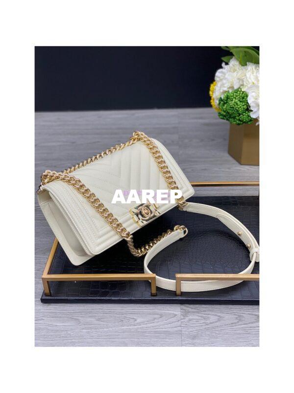 Replica Chanel Medium Boy in Chevron Grained Calfskin with Shining Hardware 67086 Chalk 3