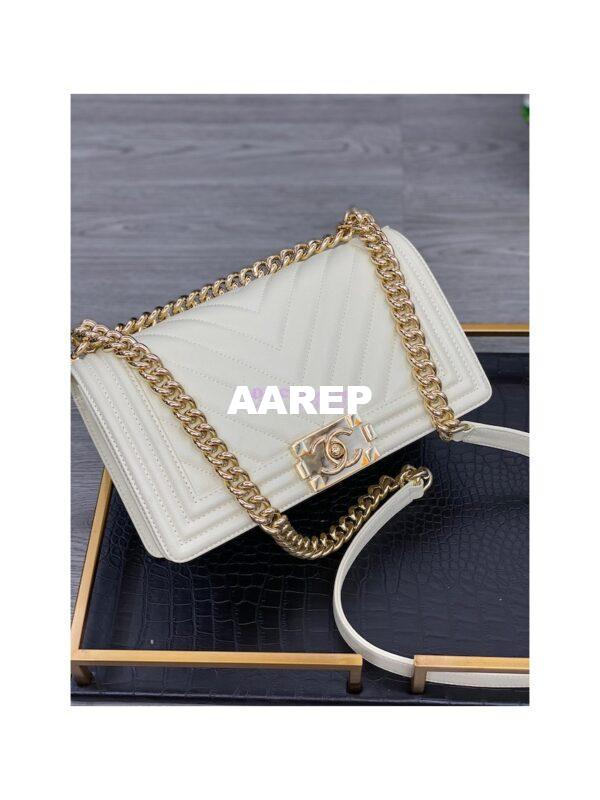 Replica Chanel Medium Boy in Chevron Grained Calfskin with Shining Hardware 67086 Chalk 4