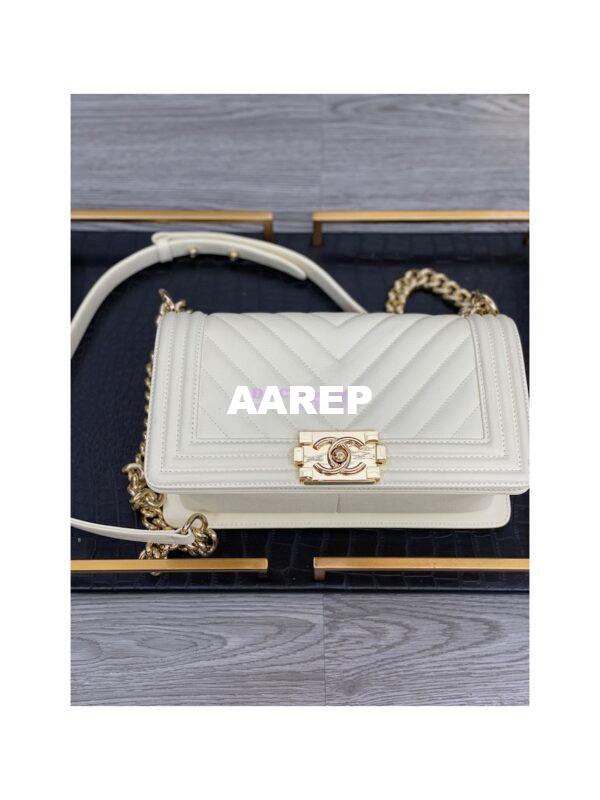 Replica Chanel Medium Boy in Chevron Grained Calfskin with Shining Hardware 67086 Chalk 5