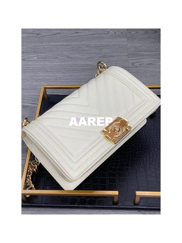 Replica Chanel Medium Boy in Chevron Grained Calfskin with Shining Hardware 67086 Chalk 6