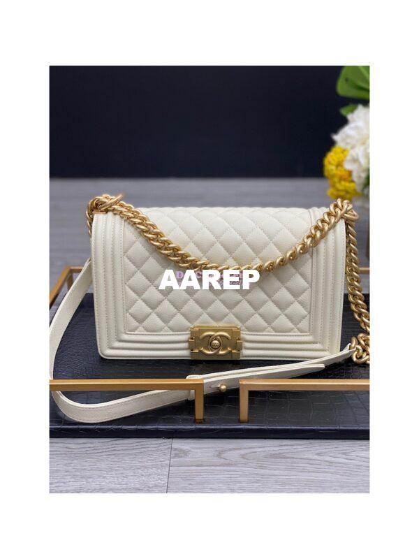 Replica Chanel Medium Boy Handbag in Grained Calfskin with Matte Gold Hardware 67086 Chalk 3