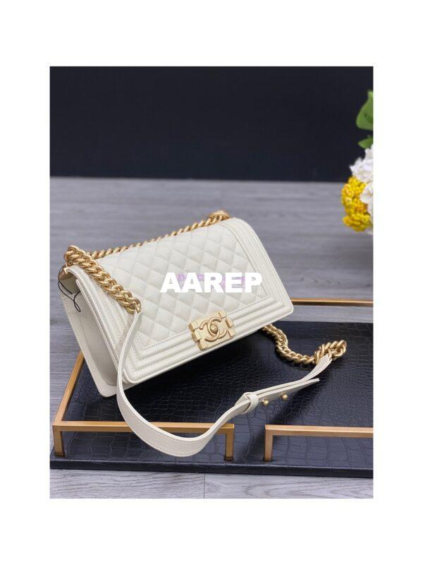 Replica Chanel Medium Boy Handbag in Grained Calfskin with Matte Gold Hardware 67086 Chalk 4