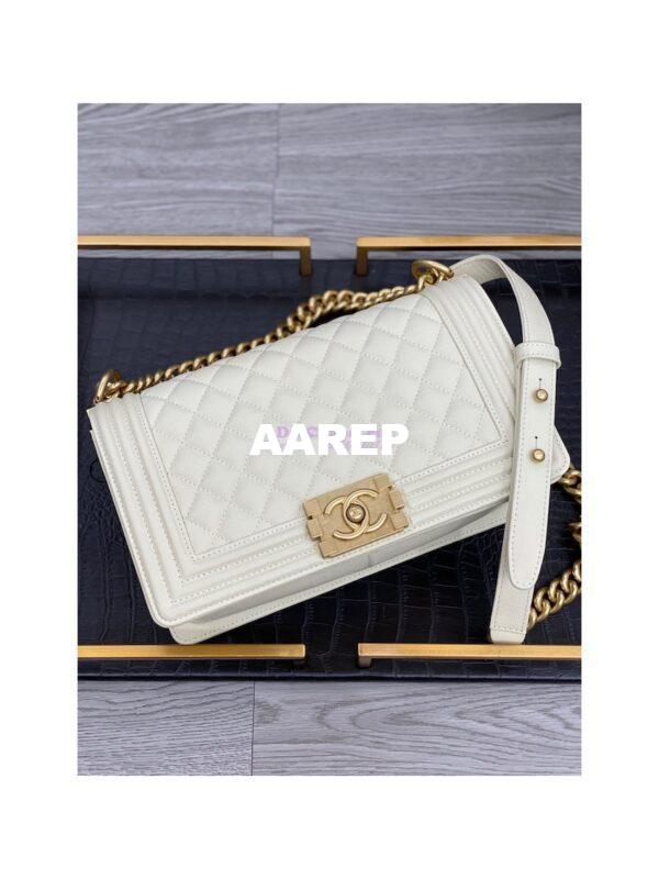 Replica Chanel Medium Boy Handbag in Grained Calfskin with Matte Gold Hardware 67086 Chalk 6