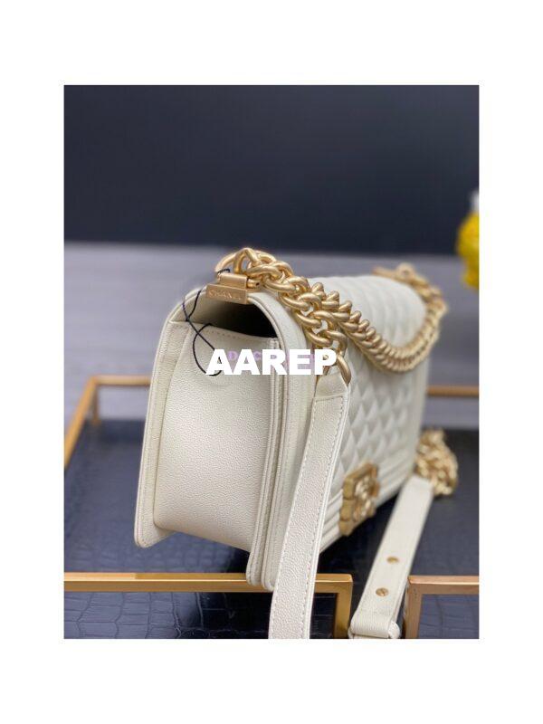 Replica Chanel Medium Boy Handbag in Grained Calfskin with Matte Gold Hardware 67086 Chalk 7