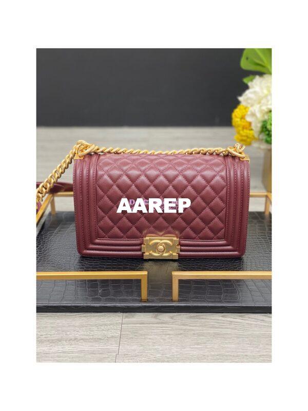 Replica Chanel Medium Boy Handbag in Grained Calfskin with Matte Gold Hardware 67086 Wine 3