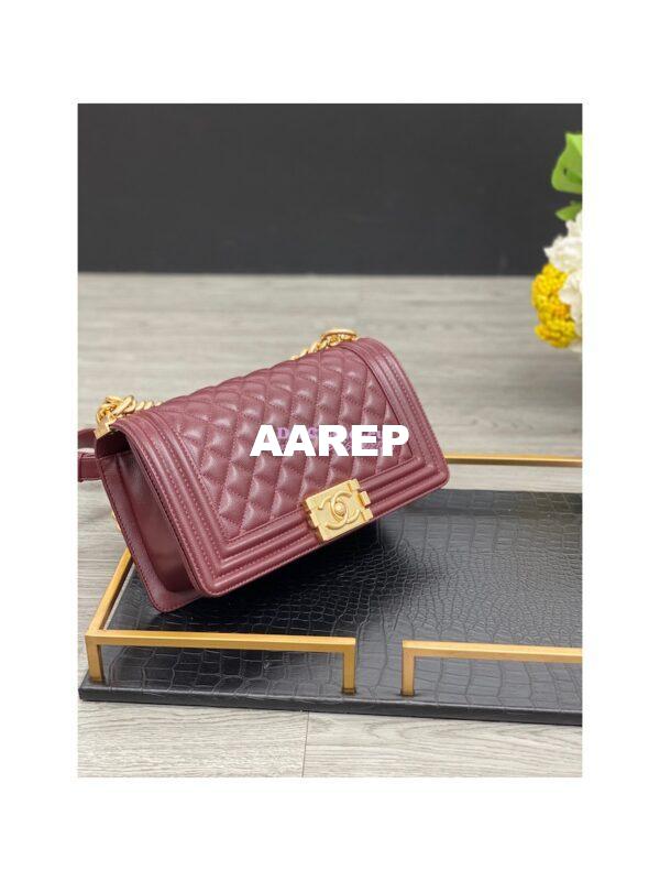 Replica Chanel Medium Boy Handbag in Grained Calfskin with Matte Gold Hardware 67086 Wine 4