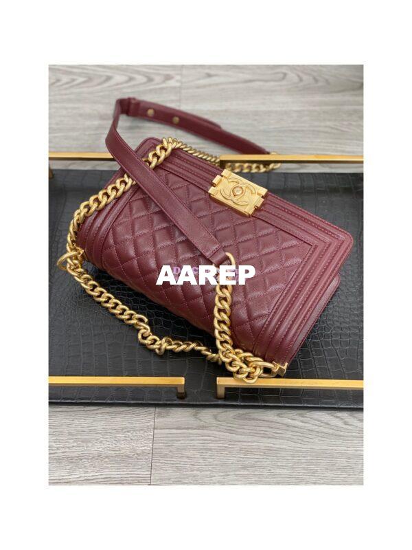 Replica Chanel Medium Boy Handbag in Grained Calfskin with Matte Gold Hardware 67086 Wine 5
