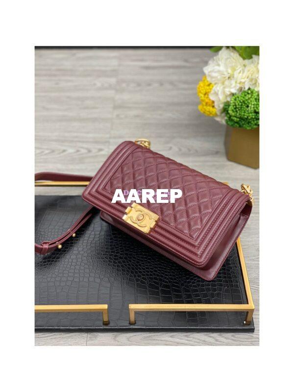 Replica Chanel Medium Boy Handbag in Grained Calfskin with Matte Gold Hardware 67086 Wine 6