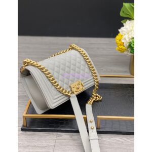 Replica Chanel Medium Boy Handbag in Grained Calfskin with Matte Gold Hardware 67086 Light Gray 2