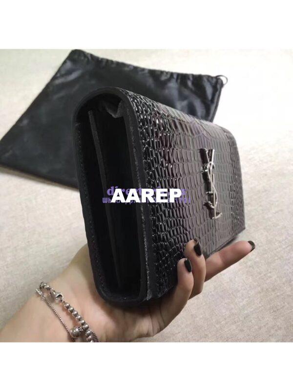 Replica YSL Monogram Saint Laurent Chain Wallet In Black Crocodile Embossed Shiny Leather 442015 4