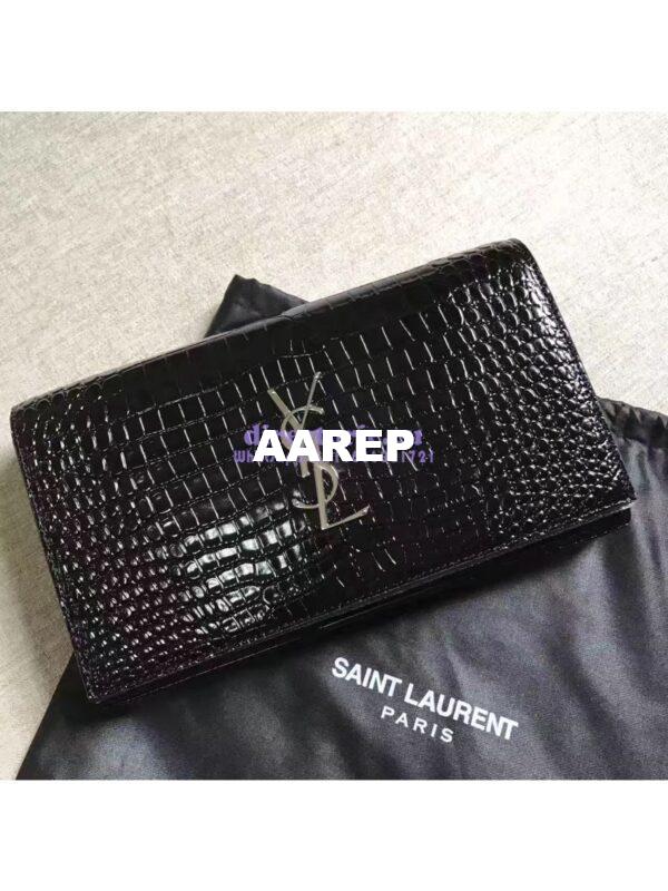 Replica YSL Monogram Saint Laurent Chain Wallet In Black Crocodile Embossed Shiny Leather 442015 8