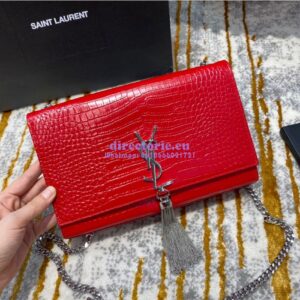 Replica YSL Classic Medium Kate Monogram Saint Laurent Tassel Satchel In Red Crocodile Embossed Shiny Leather 354119 2