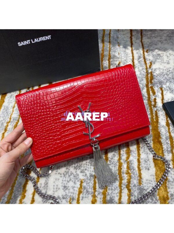 Replica YSL Classic Medium Kate Monogram Saint Laurent Tassel Satchel In Red Crocodile Embossed Shiny Leather 354119 4