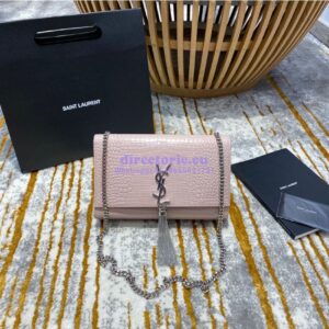 Replica YSL Classic Medium Kate Monogram Saint Laurent Tassel Satchel In Pink Crocodile Embossed Shiny Leather 354119
