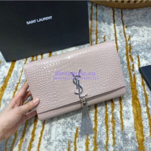 Replica YSL Classic Medium Kate Monogram Saint Laurent Tassel Satchel In Pink Crocodile Embossed Shiny Leather 354119 2