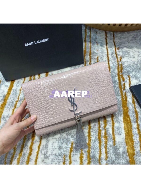 Replica YSL Classic Medium Kate Monogram Saint Laurent Tassel Satchel In Pink Crocodile Embossed Shiny Leather 354119 2