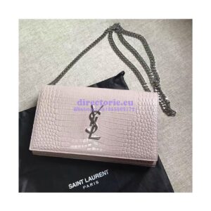 Replica YSL Monogram Saint Laurent Chain Wallet In Antique Rose Crocodile Embossed Shiny Leather 442015