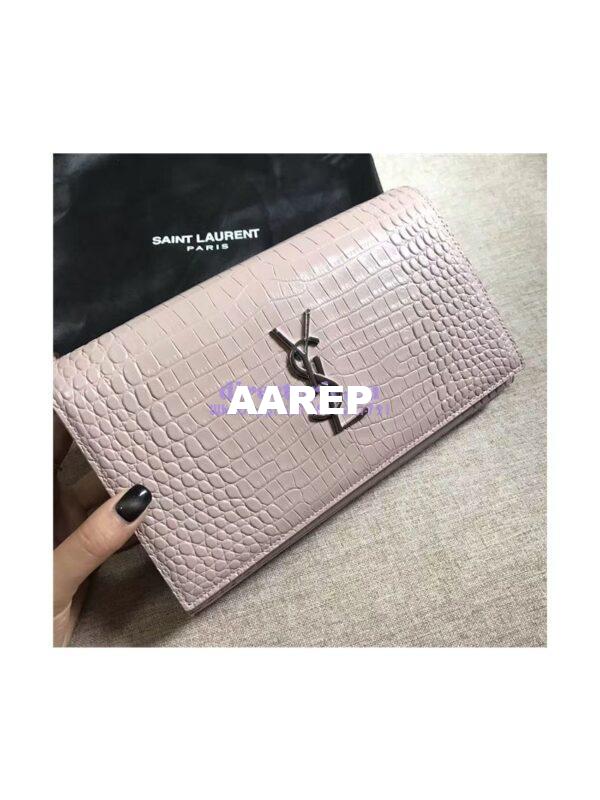Replica YSL Monogram Saint Laurent Chain Wallet In Antique Rose Crocodile Embossed Shiny Leather 442015 4
