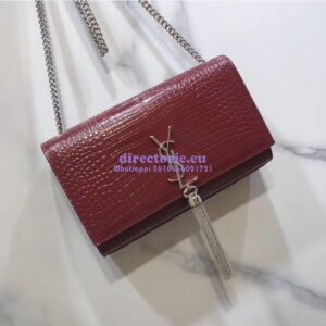 Replica YSL Classic Medium Kate Monogram Saint Laurent Tassel Satchel In Dark Red Crocodile Embossed Shiny Leather 354119