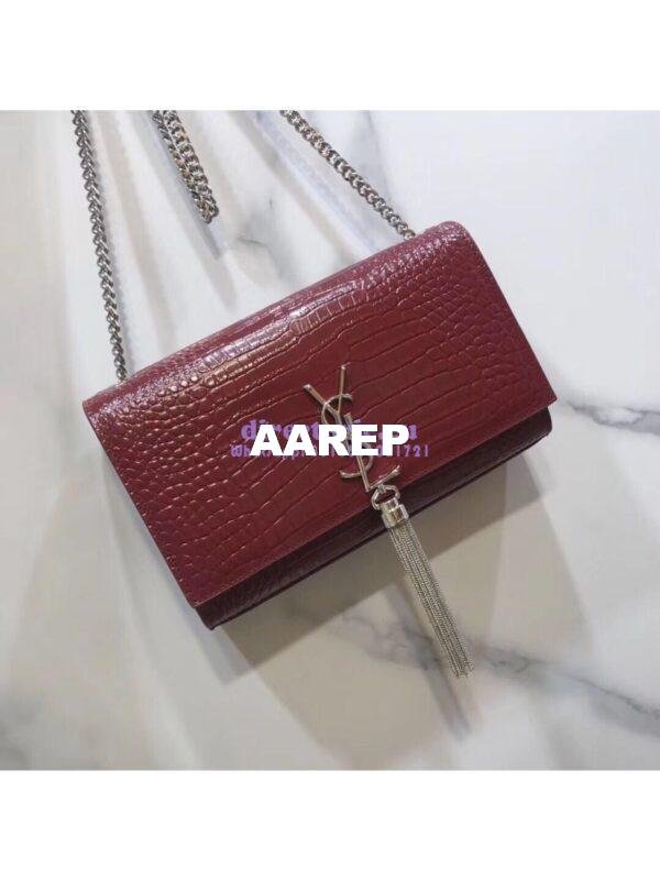 Replica YSL Classic Medium Kate Monogram Saint Laurent Tassel Satchel In Dark Red Crocodile Embossed Shiny Leather 354119 3