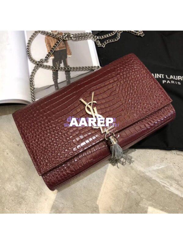 Replica YSL Classic Medium Kate Monogram Saint Laurent Tassel Satchel In Dark Red Crocodile Embossed Shiny Leather 354119 4