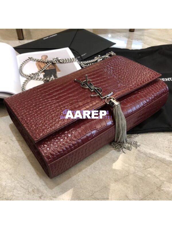 Replica YSL Classic Medium Kate Monogram Saint Laurent Tassel Satchel In Dark Red Crocodile Embossed Shiny Leather 354119 6