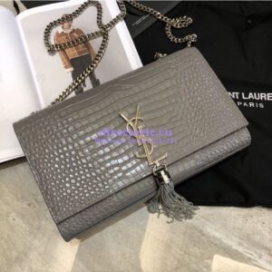 Replica YSL Classic Medium Kate Monogram Saint Laurent Tassel Satchel In Grey Crocodile Embossed Shiny Leather 354119 2