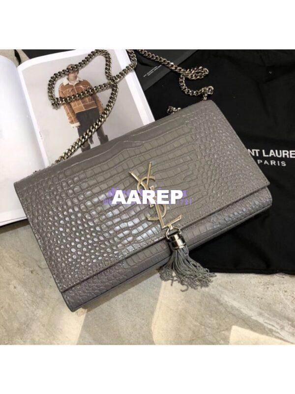 Replica YSL Classic Medium Kate Monogram Saint Laurent Tassel Satchel In Grey Crocodile Embossed Shiny Leather 354119 4