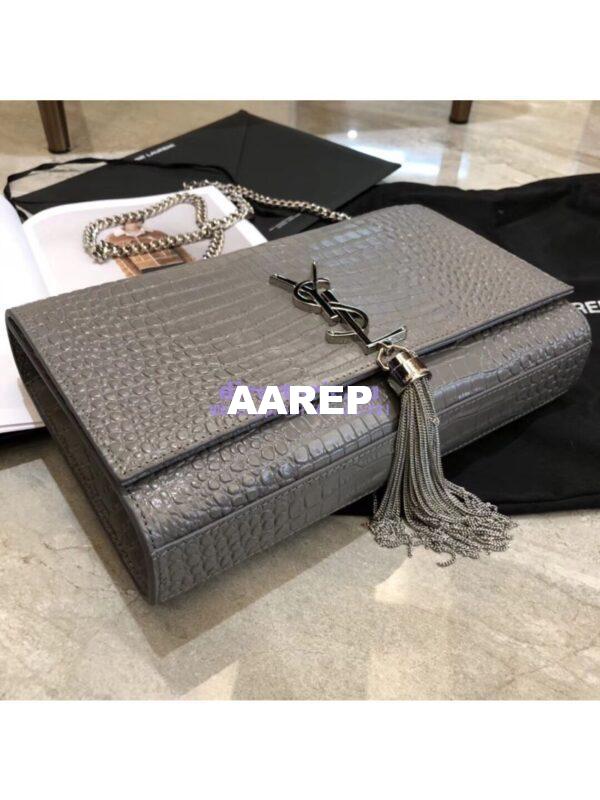 Replica YSL Classic Medium Kate Monogram Saint Laurent Tassel Satchel In Grey Crocodile Embossed Shiny Leather 354119 6