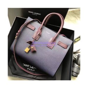 Replica YSL Yves Saint Laurent Classic Small Sac De Jour Bag In Dark Blue Grained Leather with Claret Red Handle